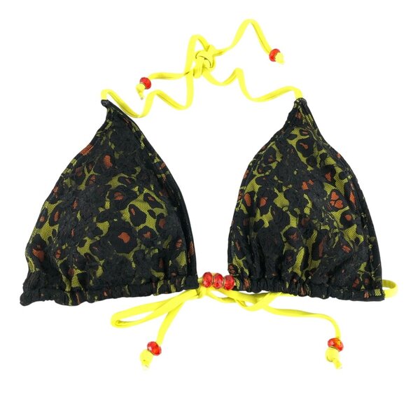 Sinful by Affliction Bikini Top Reversible Leopard Lace Overlay Black Yellow L - Picture 1 of 4
